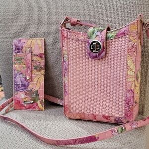Floral Pink Woven Crossbody Bag and Wallet Set